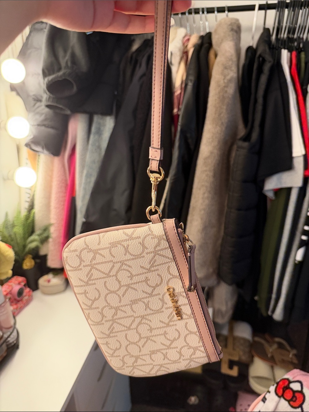 Calvin Klein Beige Logo Wristlet with Pink Trim